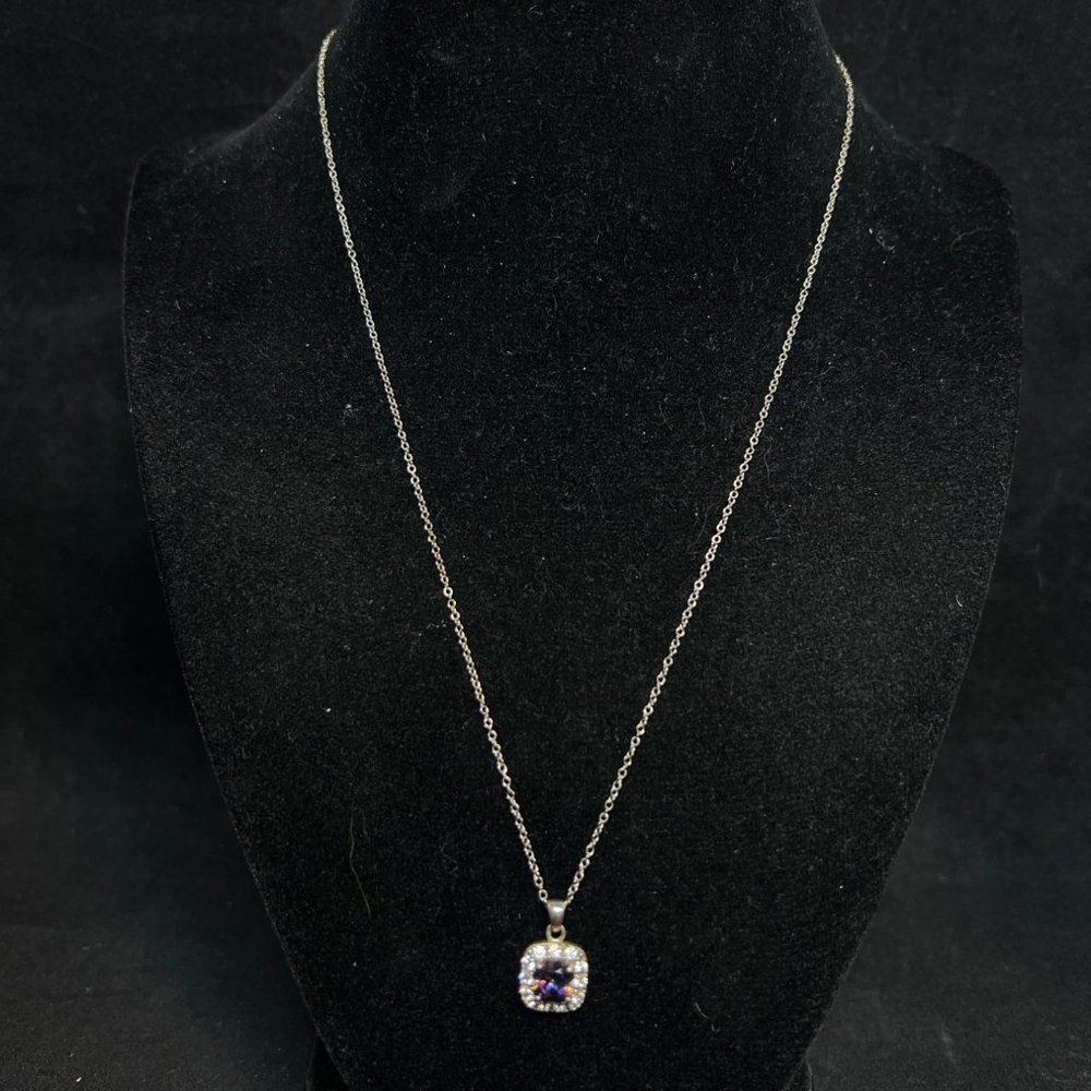Vintage Sterling Silver Necklace W/Purple And Clear Rhinestones Signed RJ (4028)